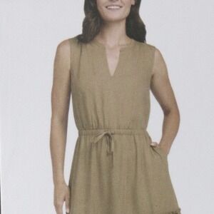 LANDS' END V-Neck Sleeveless Tiered Midi Dress Sz L Tan Khaki Beige Pockets NWT